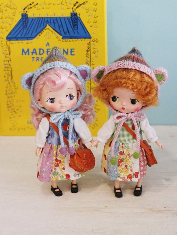 Holala、妹頭尺寸手工編織美麗諾羊毛段染小熊娃帽右邊粉紅色款 第5張的照片