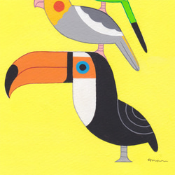 原画「ポップな小鳥ブレーメン（A5）レモンイエロー」アート絵画 3枚目の画像
