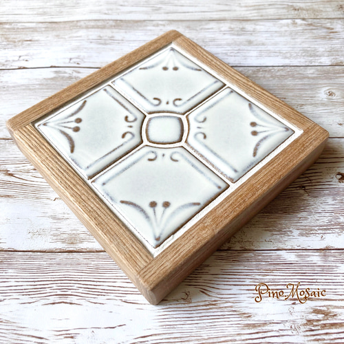 アンティークレトロ・タイルコースター2枚セット（木枠：タモ材