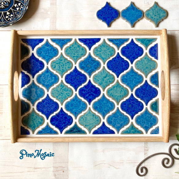 再販3/受注制作】タイルトレー大（持ち手付き・ブルー系MIX色コラベル