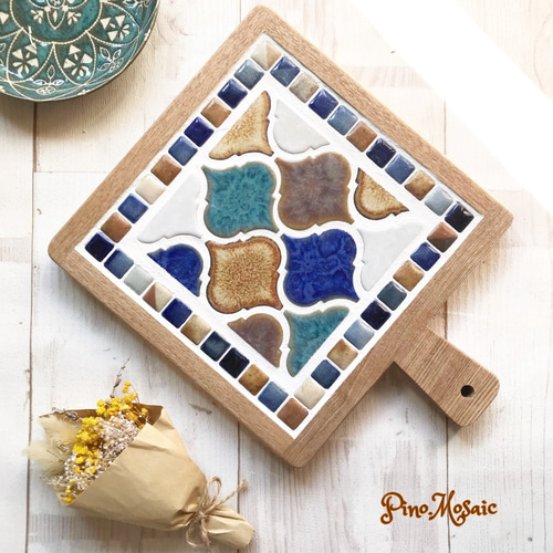 再販3】コラベルタイル鍋敷き／サイズL・置き台付き（マルチMIX色／木