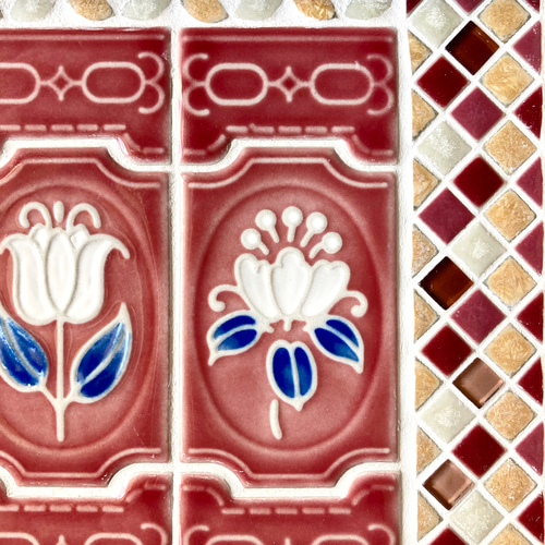 新作】稀少 レトロ美 モザイクタイルトレー（チューリップ柄） 謹賀  