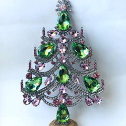 ◆チェコ　ラインストーンクリスマスツリー　◆グリーンxピンク 1枚目の画像