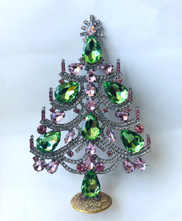 ◆チェコ　ラインストーンクリスマスツリー　◆グリーンxピンク 1枚目の画像