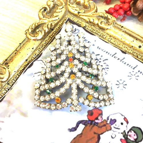 チェコガラス クリスマスツリーブローチ チェコ製手作りガラス