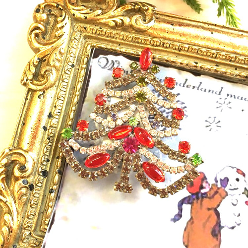 チェコガラス クリスマスツリーブローチ チェコ製手作りガラス