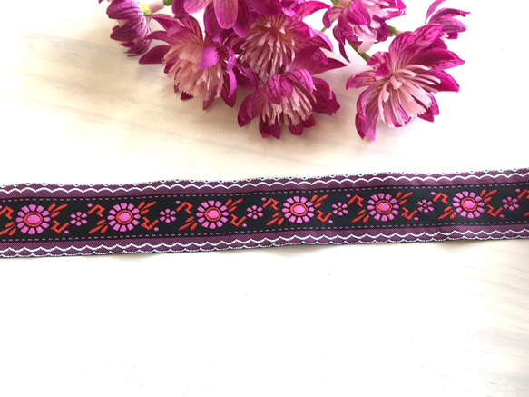 ジャガード織リボン(ブラック×ピンク×レッド)　１ｍ 3枚目の画像