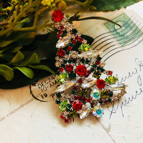 クリスマス限定 ◇チェコガラス◇ クリスマスブローチ Xmasカラー