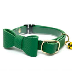 猫首輪　リボン　フレンチレザー　皮革　グリーン　緑　セーフティ　名前入れ 1枚目の画像