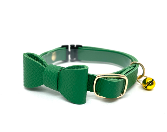 猫首輪　リボン　フレンチレザー　皮革　グリーン　緑　セーフティ　名前入れ 1枚目の画像