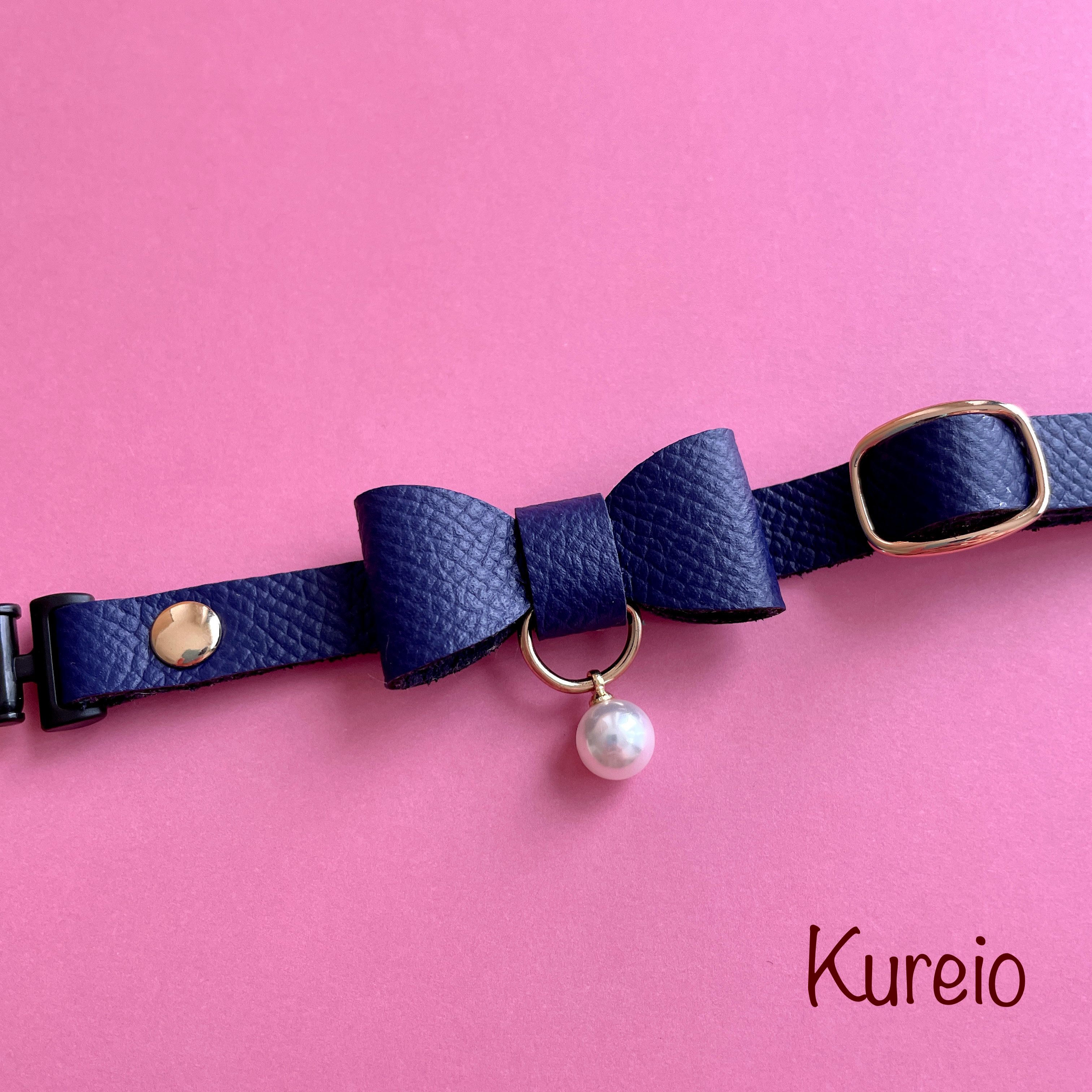 猫首輪　パールリボン　フランスレザー　ネイビー　紺　本革