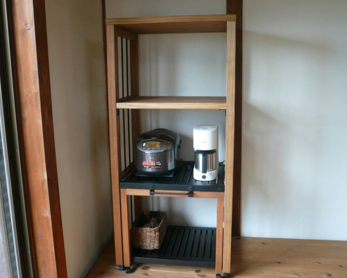 天然木とアイアンのキッチンワゴンロング レンジ台 炊飯器台 棚