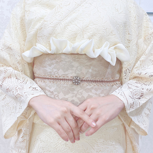 夏物夏着物浴衣帯レース半幅帯ベージュ×ホワイトくすみベージュ 