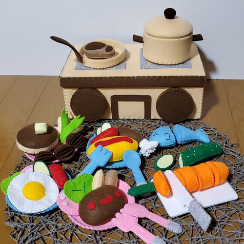 受注製作】おままごとコンロのセット♪茶♪フェルト製 おもちゃ・人形