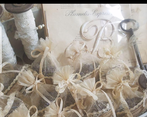 アンティーク風 ラベンダー サシェ2個 コーヒー染め レース 癒し 匂い  