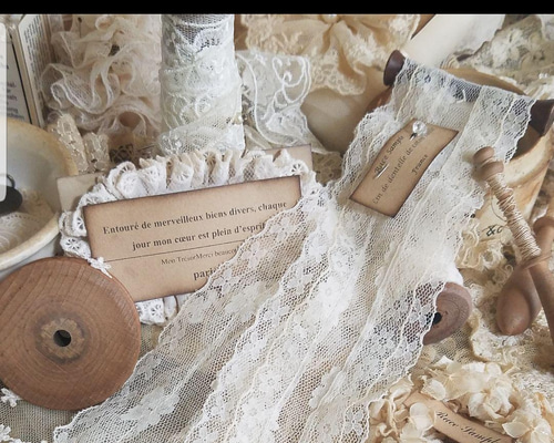 アンティークスプール レースサンプル タッセル コーヒー染め