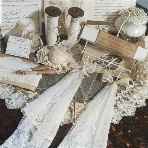 アンティーク風 レースアレンジ コーヒー染め ハンガー フレンチ