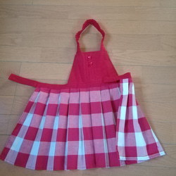 シンプルチェック柄　　(　赤　)　　子供エプロン、三角巾セット　　女の子　９０～１００ 5枚目の画像