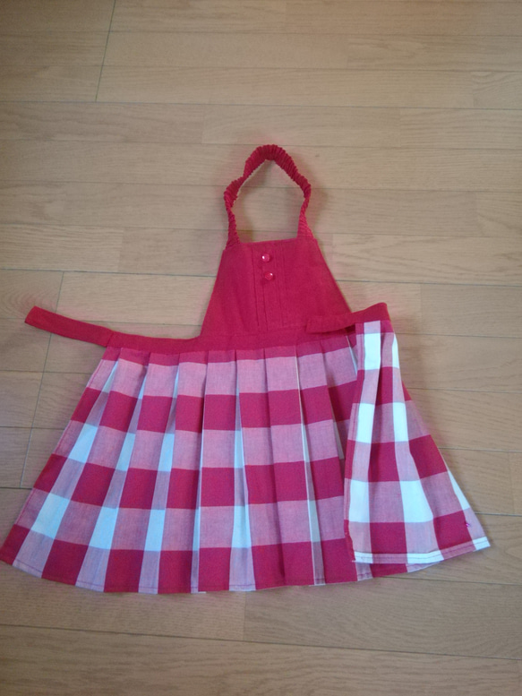 シンプルチェック柄　　(　赤　)　　子供エプロン、三角巾セット　　女の子　９０～１００ 5枚目の画像