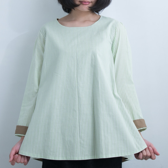 kibunシャツ/若草色と白色ストライプ/長袖〜五分丈 1枚目の画像