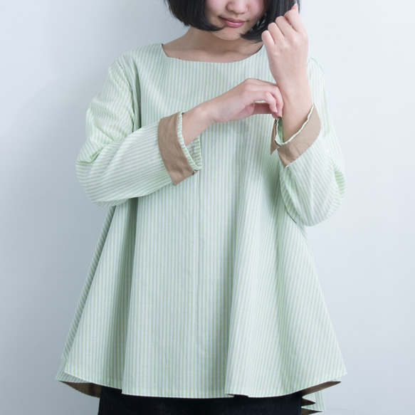 kibunシャツ/若草色と白色ストライプ/長袖〜五分丈 2枚目の画像