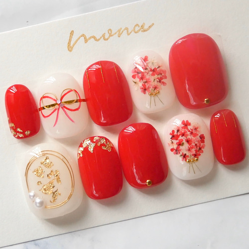 67/赤/水引/成人式ネイル和装ネイル着物ネイル押し花ネイルワイヤー  