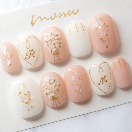 84白イニシャル/成人式ネイル和装ネイル着物ネイル押し花ネイル