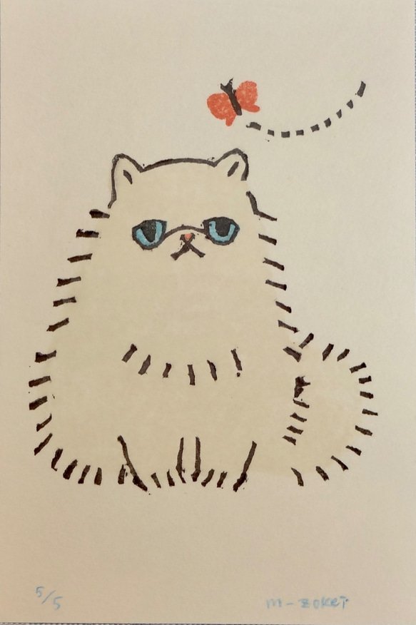 蝶々と猫　木版画 6枚目の画像