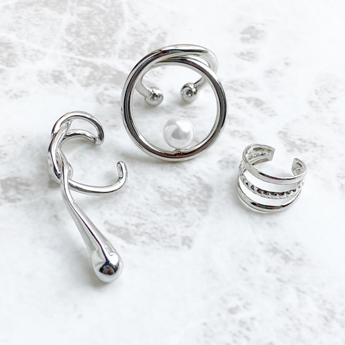 シルバーパールと幾何学のアシンメトリーイヤーカフ 3点セット  