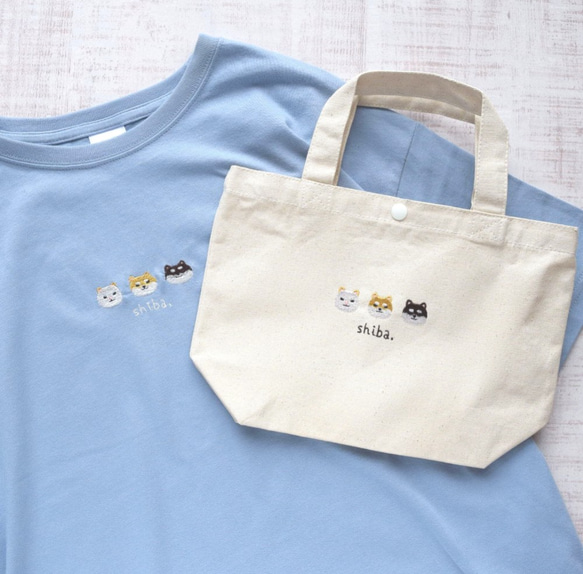 柴犬刺繍Tシャツ&トートバッグセット 《アシッドブルー》メンズ レディース  大人 お弁当　夏の福袋 1枚目の画像