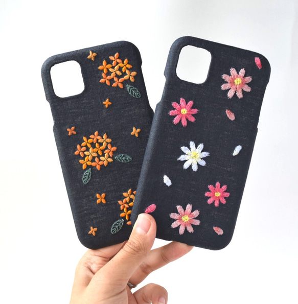 金木犀 刺繍iPhoneケース　リネン スマホケース  iPhone12 iPhone13 秋 キンモクセイ 8枚目の画像