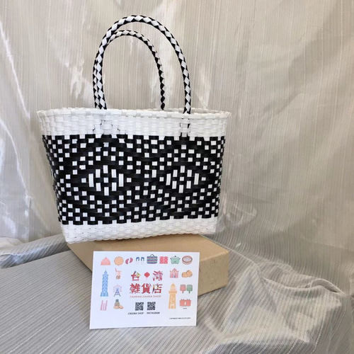台湾雑貨店]カゴバッグ 持ち手 ブラック/ホワイト かごバッグ 台湾雑貨