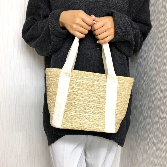 ［台湾雑貨店]編みカゴバッグ 布持ち手 茶色 6枚目の画像