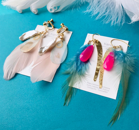 Pink feathers & baroque pearlsイヤリング（ピアス 3枚目の画像