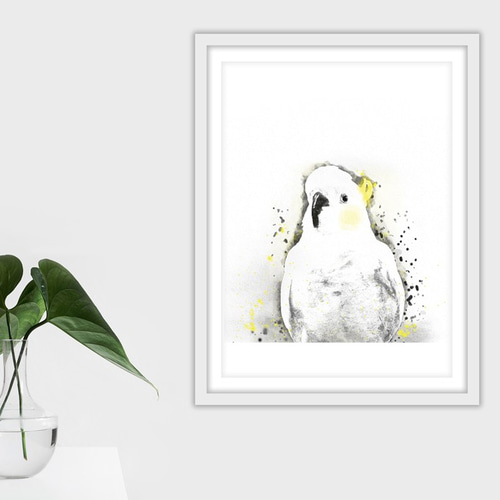 キバタン 水彩画風 壁アート 鳥オウムインコ ポートレート風