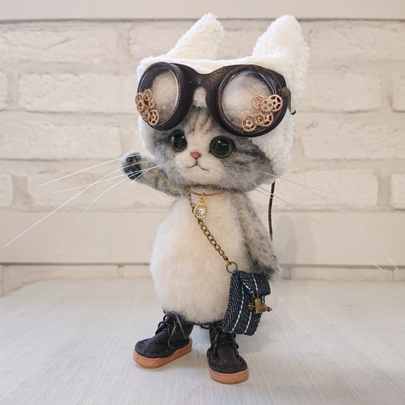 猫みみ帽子のごーぐるにゃんこ ぬいぐるみ 羊毛フェルト ねこ 羊毛