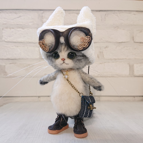 猫みみ帽子のごーぐるにゃんこ ぬいぐるみ 羊毛フェルト ねこ 羊毛