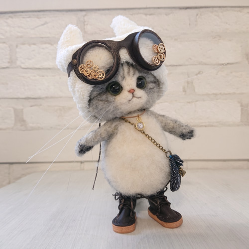 猫みみ帽子のごーぐるにゃんこ ぬいぐるみ 羊毛フェルト ねこ 羊毛