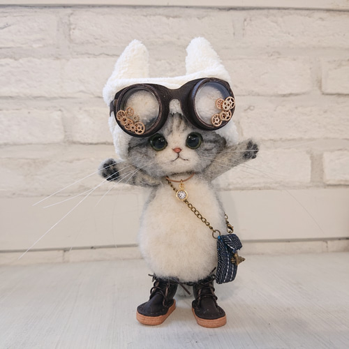 猫みみ帽子のごーぐるにゃんこ ぬいぐるみ 羊毛フェルト ねこ 羊毛