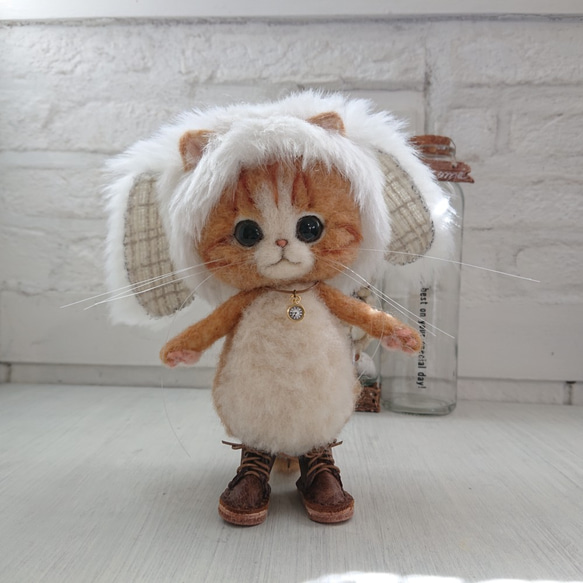 Mihoさまご予約商品 たれみみうさぎ帽子をかぶったねこ 茶しろ 