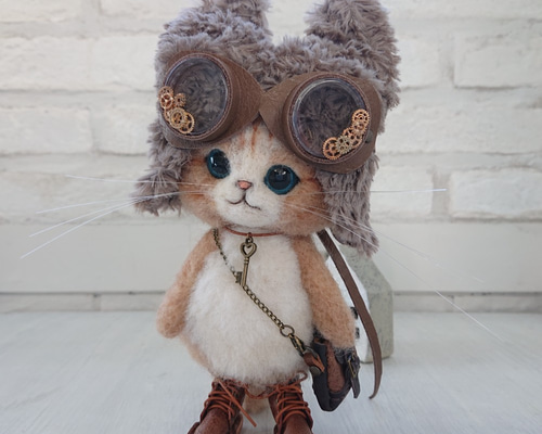 ねこみみ帽子のごーぐるにゃんこ 羊毛フェルト ぬいぐるみ 羊毛