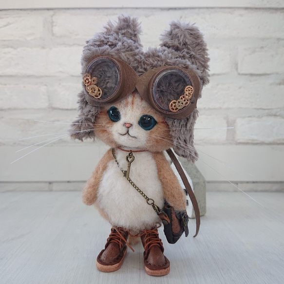 ねこみみ帽子のごーぐるにゃんこ 羊毛フェルト ぬいぐるみ 羊毛