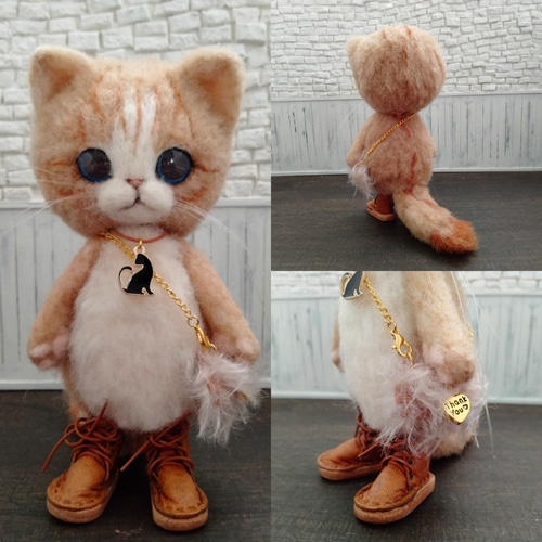 ぽんぽん帽子をかぶったねこ 羊毛フェルト ぬいぐるみ 羊毛