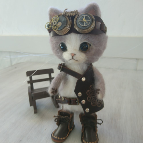 スチームパンクの兄弟ネコ 羊毛フェルト猫 ぬいぐるみ 羊毛フェルト