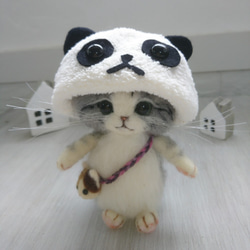 パンダ帽子のねこちゃん 羊毛フェルト 猫 ぬいぐるみ 羊毛フェルト