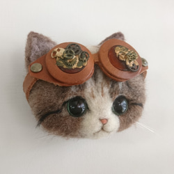 ごーぐるにゃんこブローチ　羊毛フェルト　猫　ブローチ キジシロ　スチームパンク　steampunk 3枚目の画像