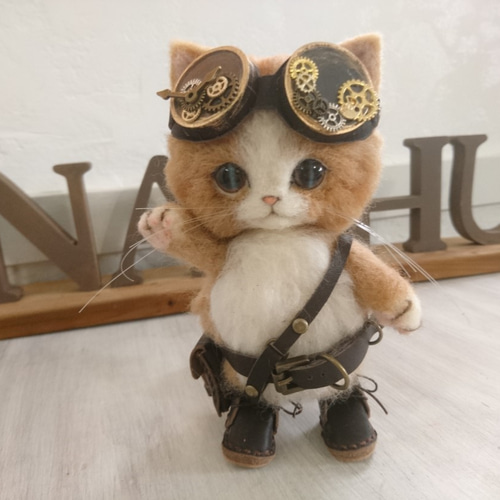 羊毛フェルト☆スチームパンク風 猫さん かわいくてかっこいい! スチームパンクな猫の人形 置物 羊毛