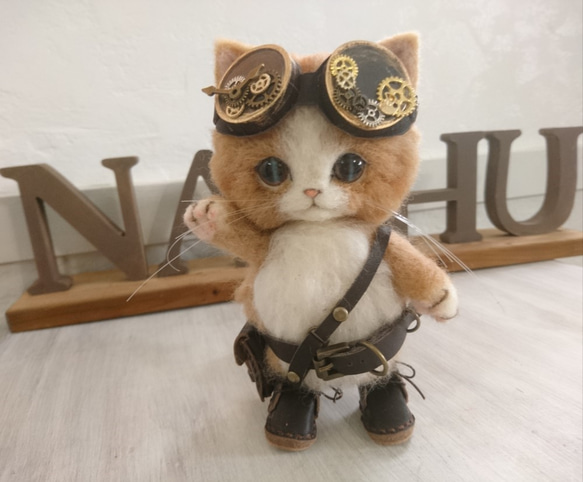 かわいくてかっこいい! スチームパンクな猫の人形 置物 羊毛フェルト