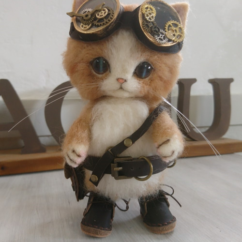 かわいくてかっこいい! スチームパンクな猫の人形 置物 羊毛フェルト