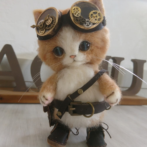 かわいくてかっこいい! スチームパンクな猫の人形 置物 羊毛フェルト